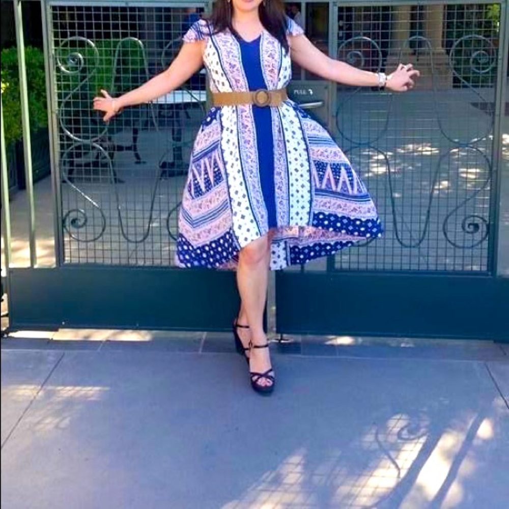 Anthropologie Maeve high-low pink/blue print dress size M